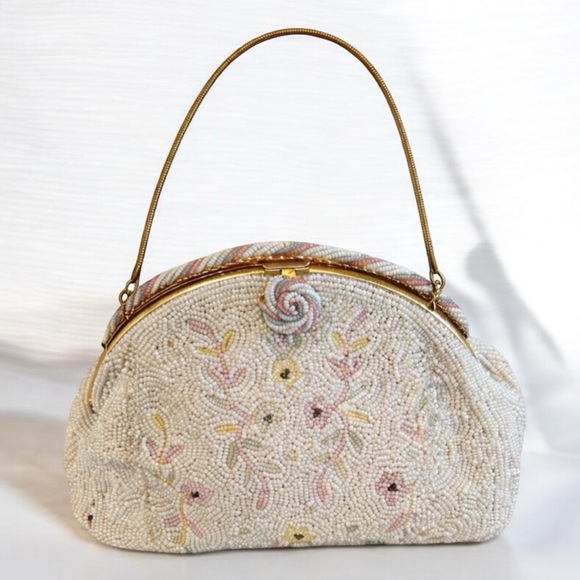 domar Handbags - Vintage Domar Beaded Floral Evening Clutch Gold Handle